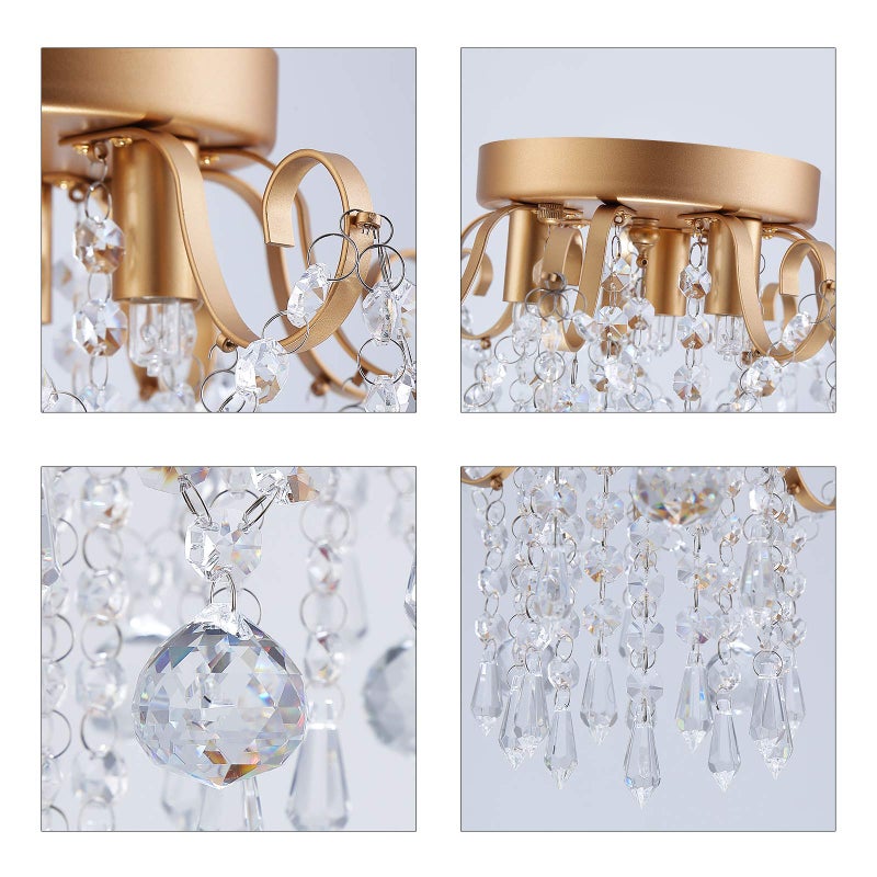 QS ثريا صغيرة Q&S، ثريا كريستالية ذهبية حديثة، ضوء سقف مصغر لغرفة النوم، الممر، المدخل E12 3-ضوء. - Image 3